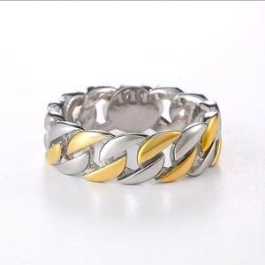 Gold and Silver Tone Braided Chain Ring 7mm Wide Cuban Link Chain Ring
